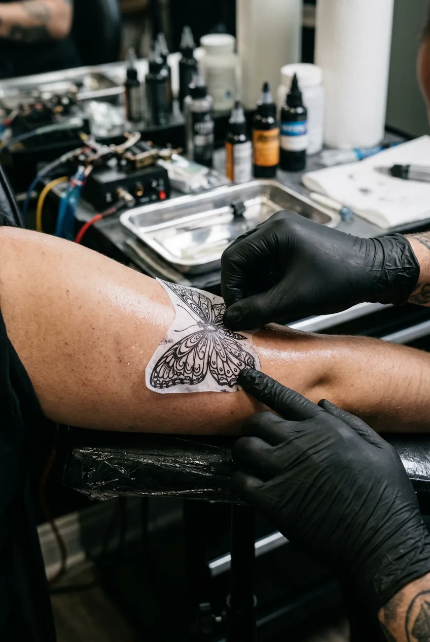 Close-up of butterfly design transfer paper being carefully applied to skin