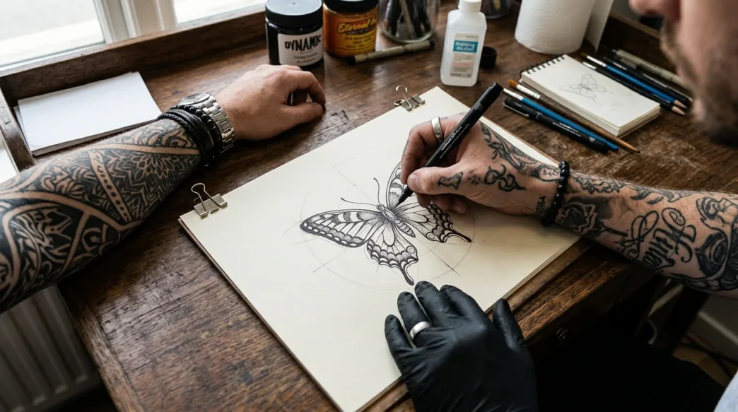 Tattoo artist's hand sketching custom butterfly design on paper with client's arm resting nearby