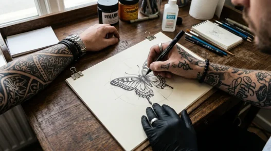 Tattoo artist's hand sketching custom butterfly design on paper with client's arm resting nearby