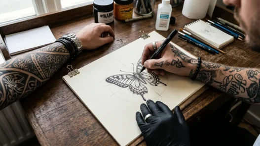 Tattoo artist's hand sketching custom butterfly design on paper with client's arm resting nearby