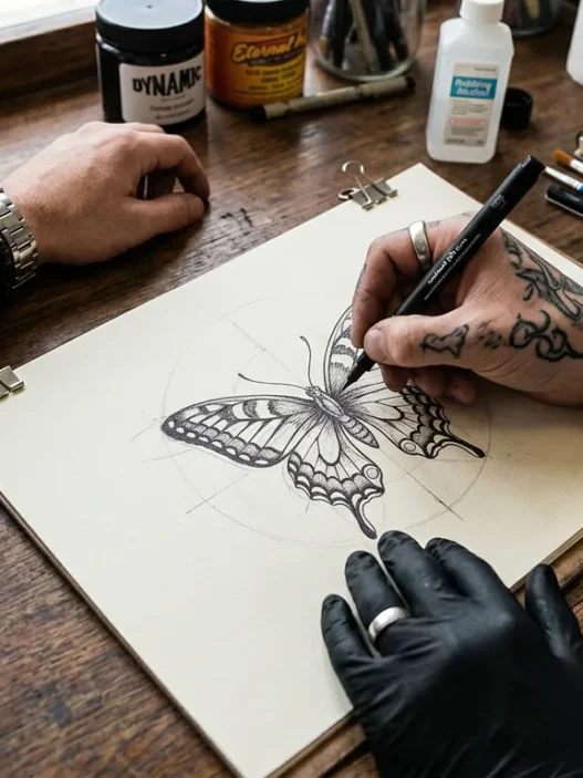 Tattoo artist's hand sketching custom butterfly design on paper with client's arm resting nearby