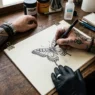 Tattoo artist's hand sketching custom butterfly design on paper with client's arm resting nearby