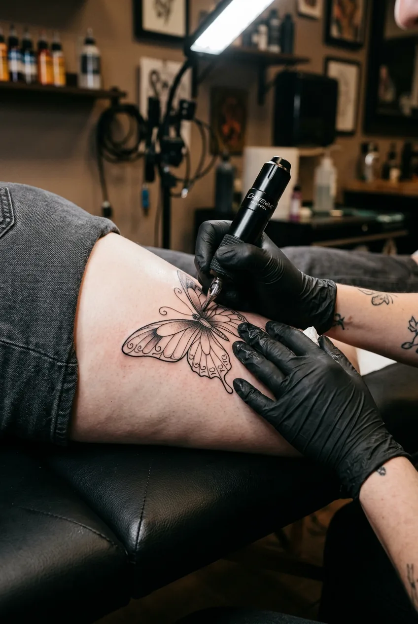 Partially completed butterfly tattoo showing outline and initial shading work