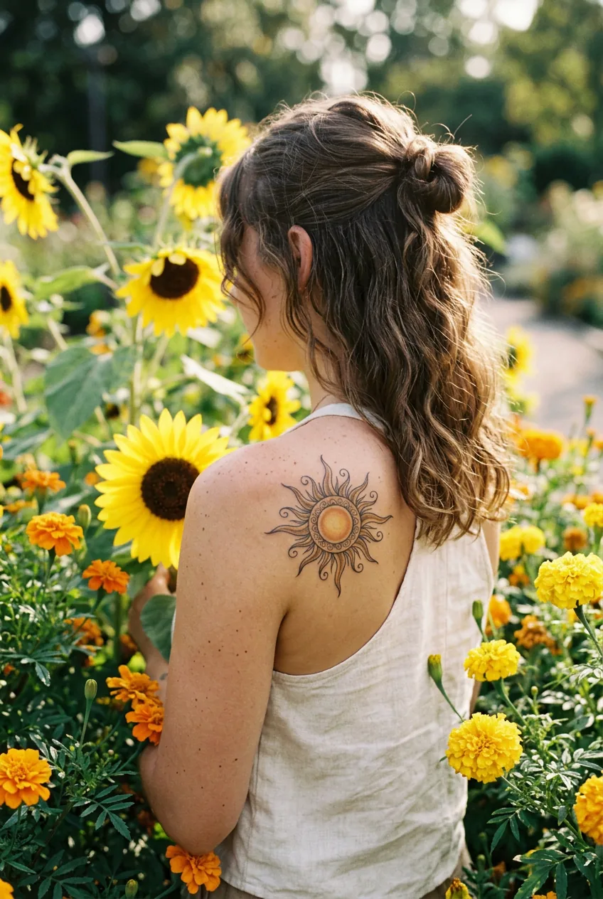 Woman's wrist featuring butterfly tattoo surrounded by real butterflies and colorful wildflowers