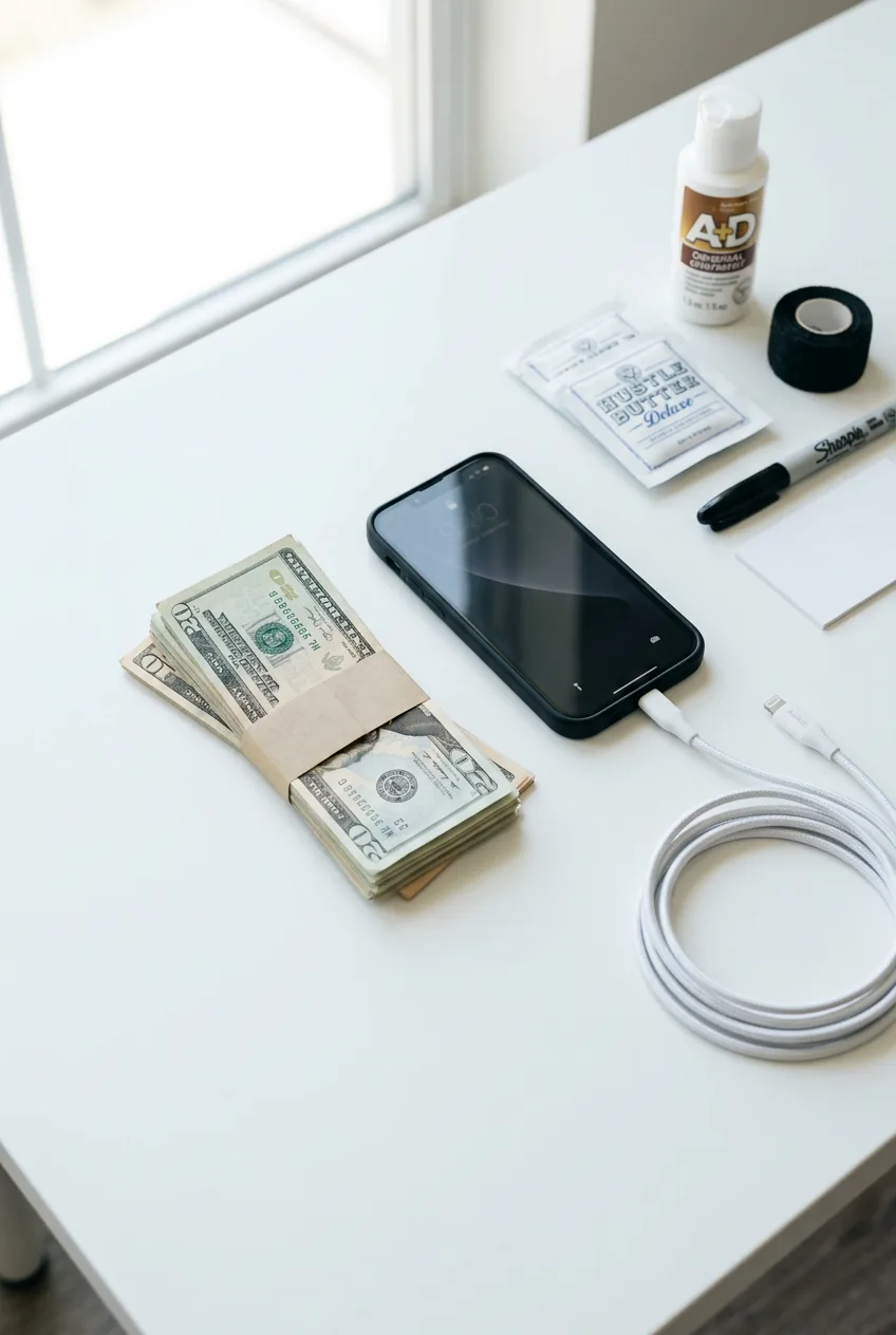 organized cash bills and phone with charger cable on white surface for tattoo appointment