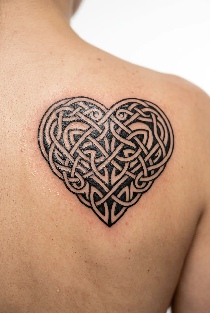 Back placement featuring celtic heart tattoo with intricate unending knotwork patterns