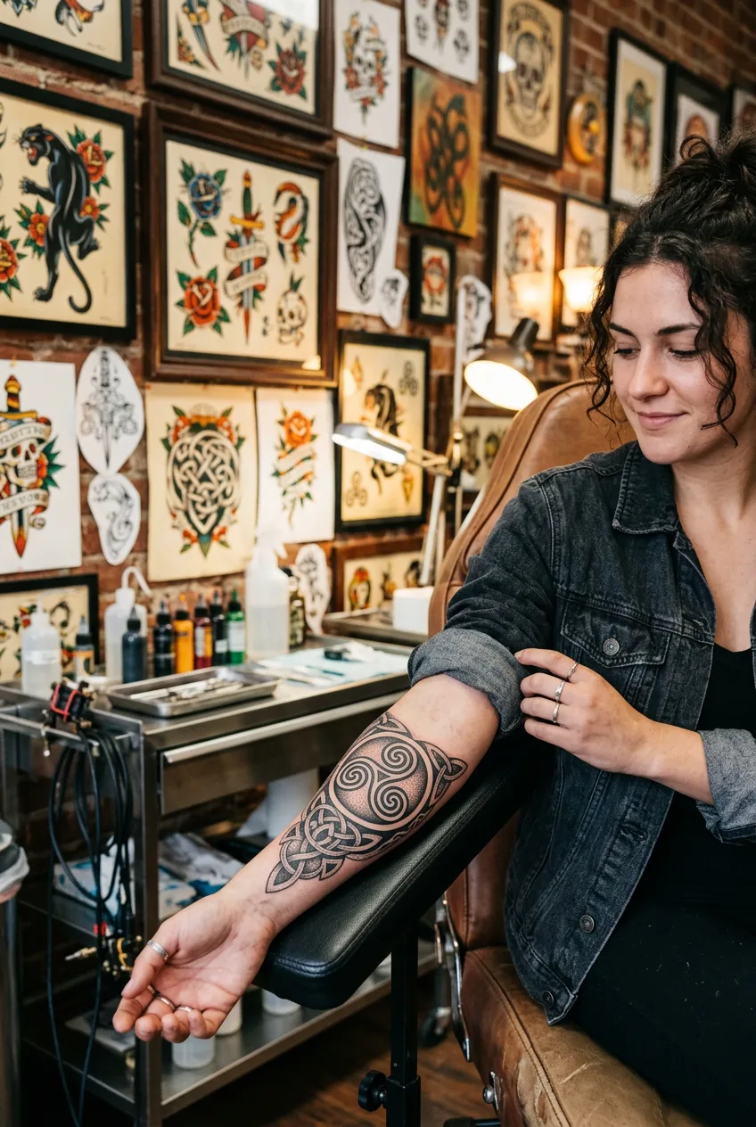 Celtic knot and triple spiral tattoo on female forearm with detailed linework in studio lighting