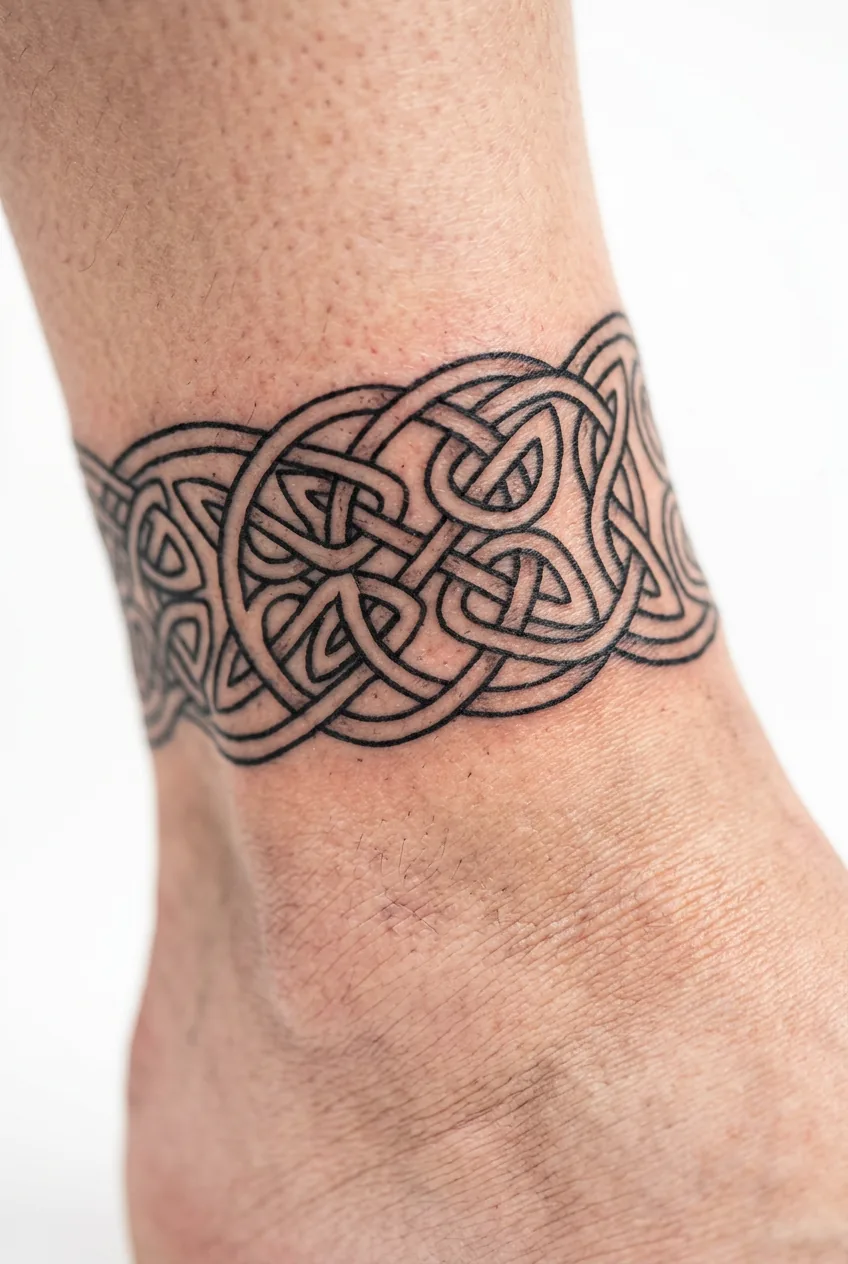Celtic knotwork ankle band tattoo showing endless loops and traditional interwoven patterns