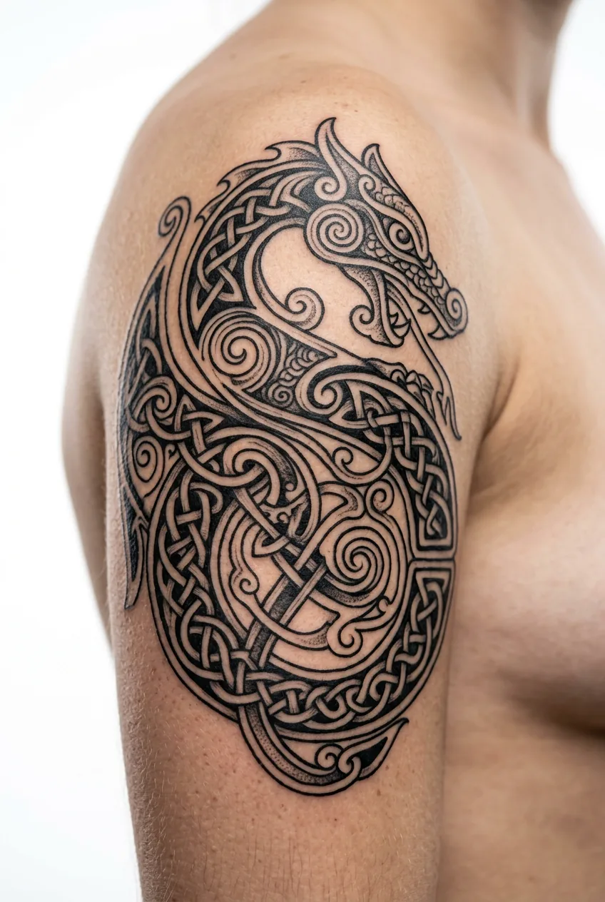 Celtic dragon tattoo featuring intricate knotwork patterns on upper arm placement