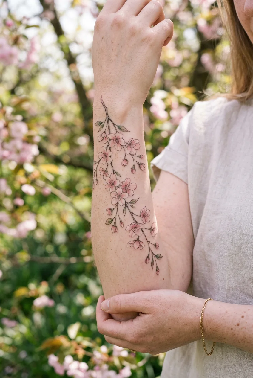 Close-up view of delicate cherry blossom tattoo cascading down woman's forearm with fine line work