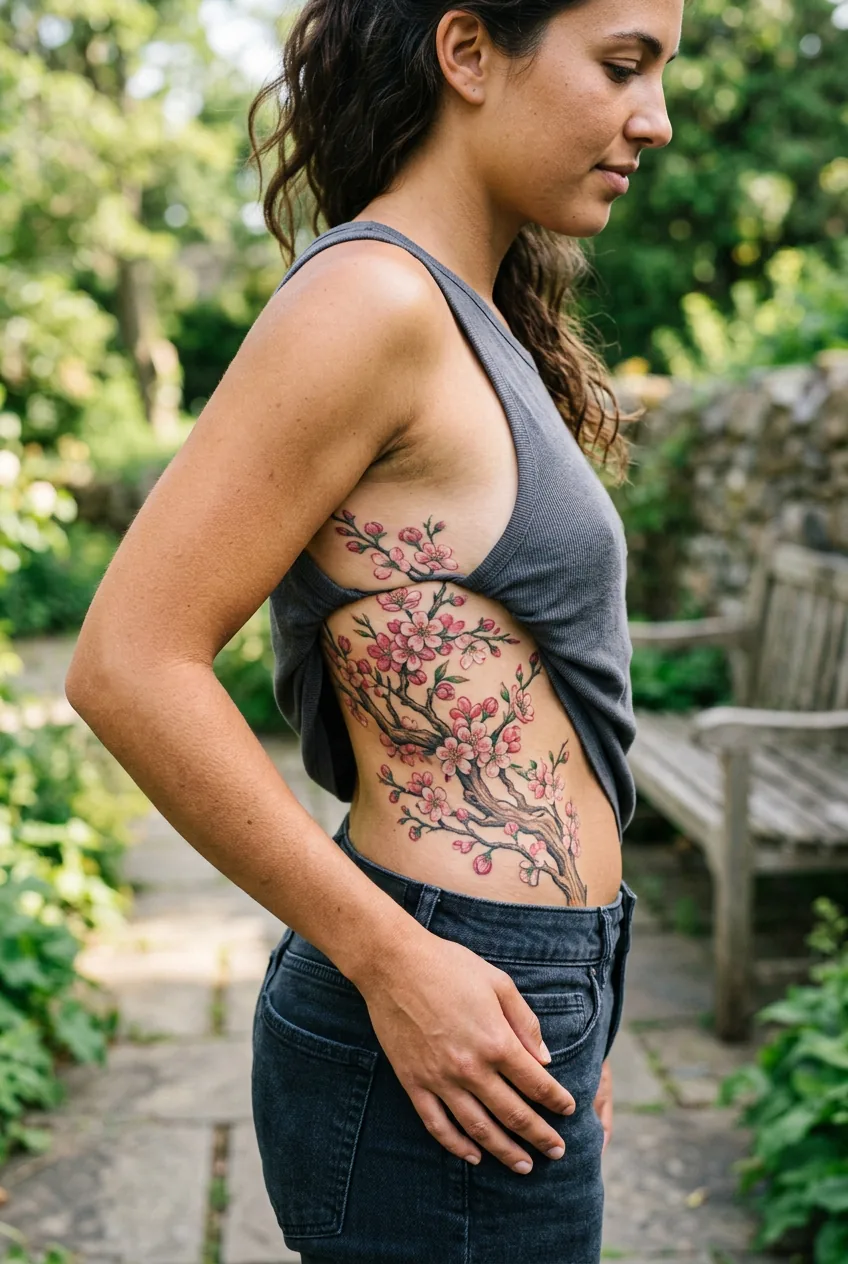 Side view of woman showing colorful cherry blossom tattoo wrapping around ribcage area