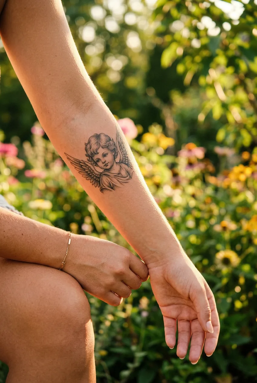 Woman showing small cherub angel tattoo on forearm with baby face and tiny wing details