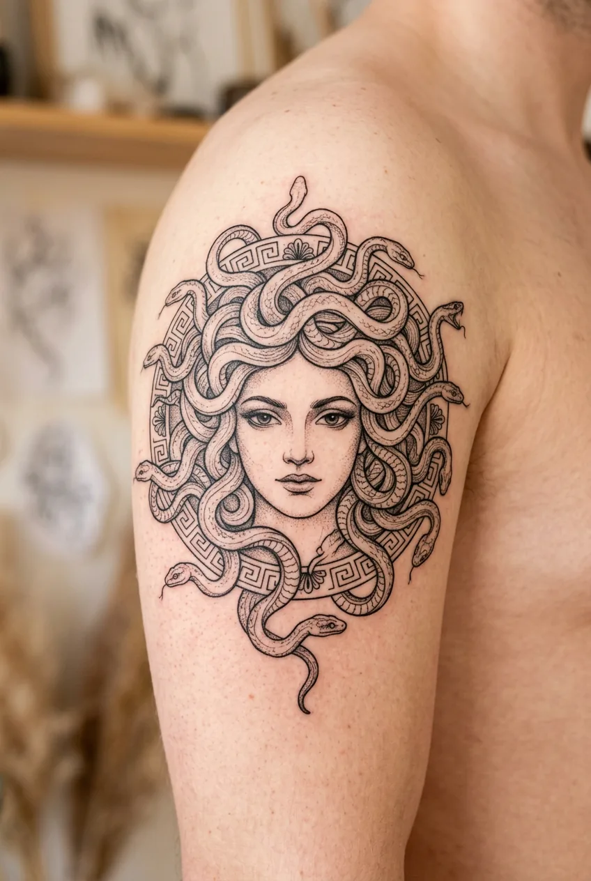 Close-up sketch of Medusa face showing classical Greek pottery inspired humanized features with serpentine hair