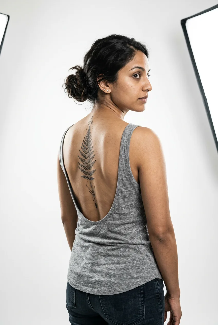 Woman wearing tank top showing how clothing interacts with spine tattoo placement