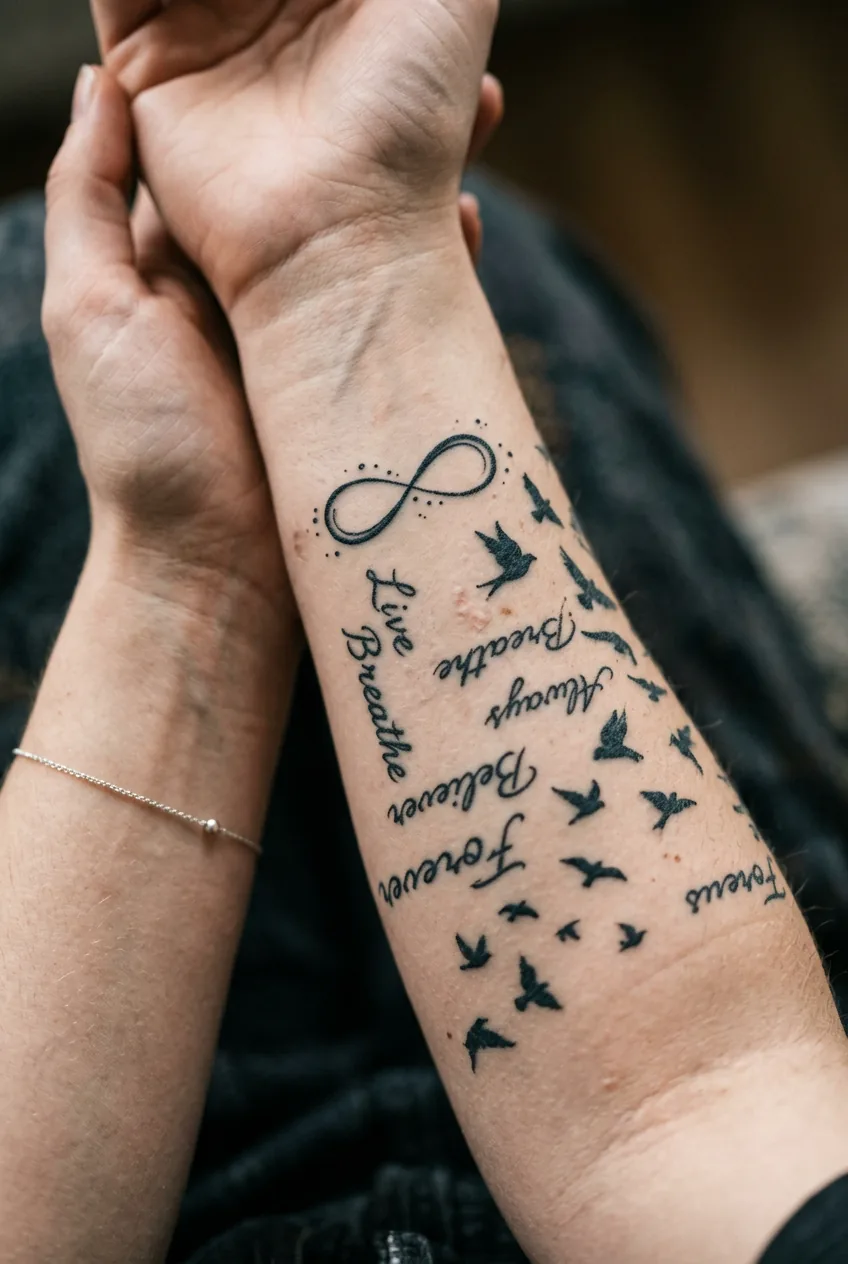 Woman's inner forearm displaying multiple small tattoos including infinity symbol and script text