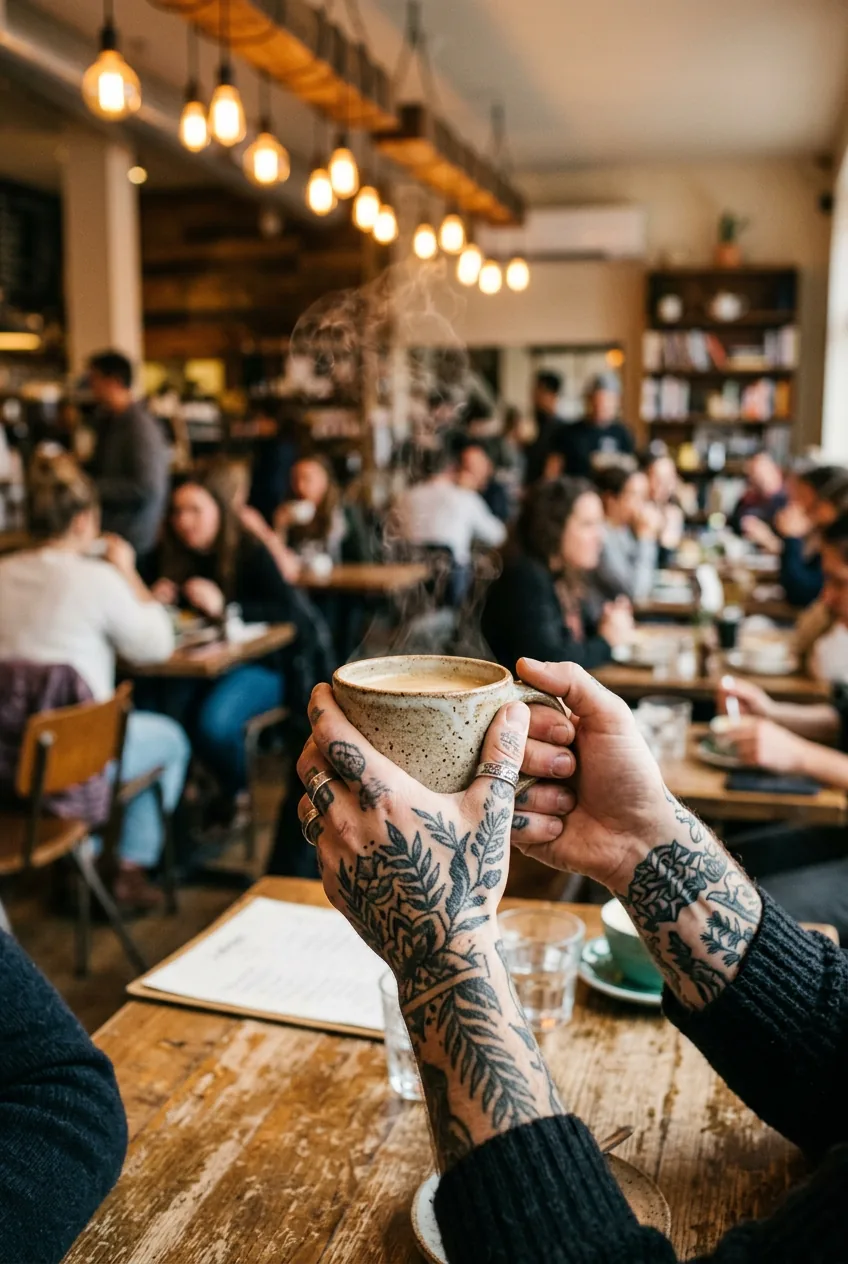 Tattooed hands holding coffee mug in busy cafe with other customers in blurred background