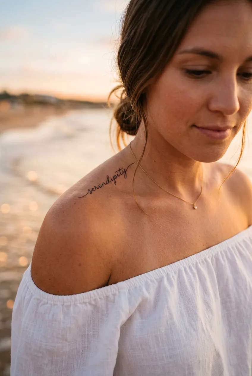 Close-up of delicate script tattoo along woman's collarbone in off-shoulder top