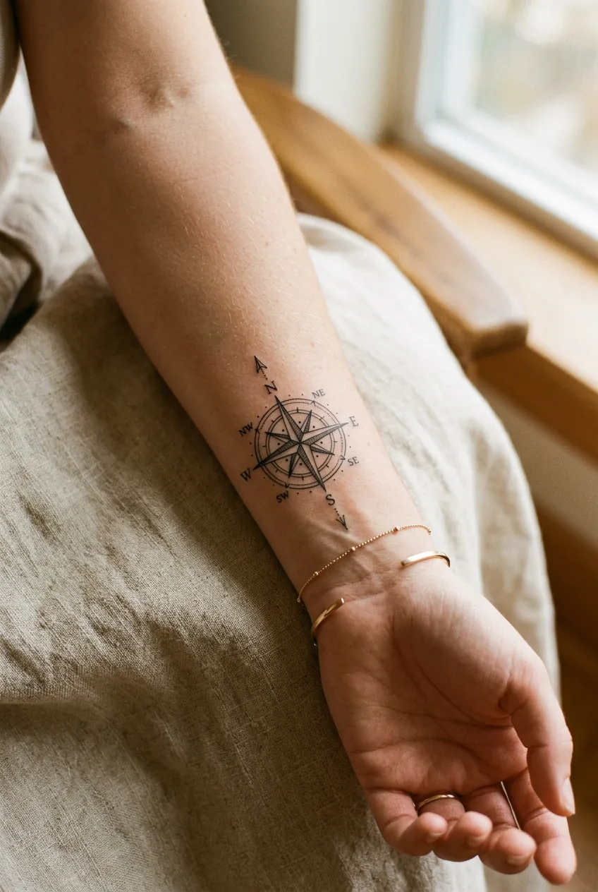Close-up detail of delicate compass rose tattoo with fine geometric lines on woman's wrist
