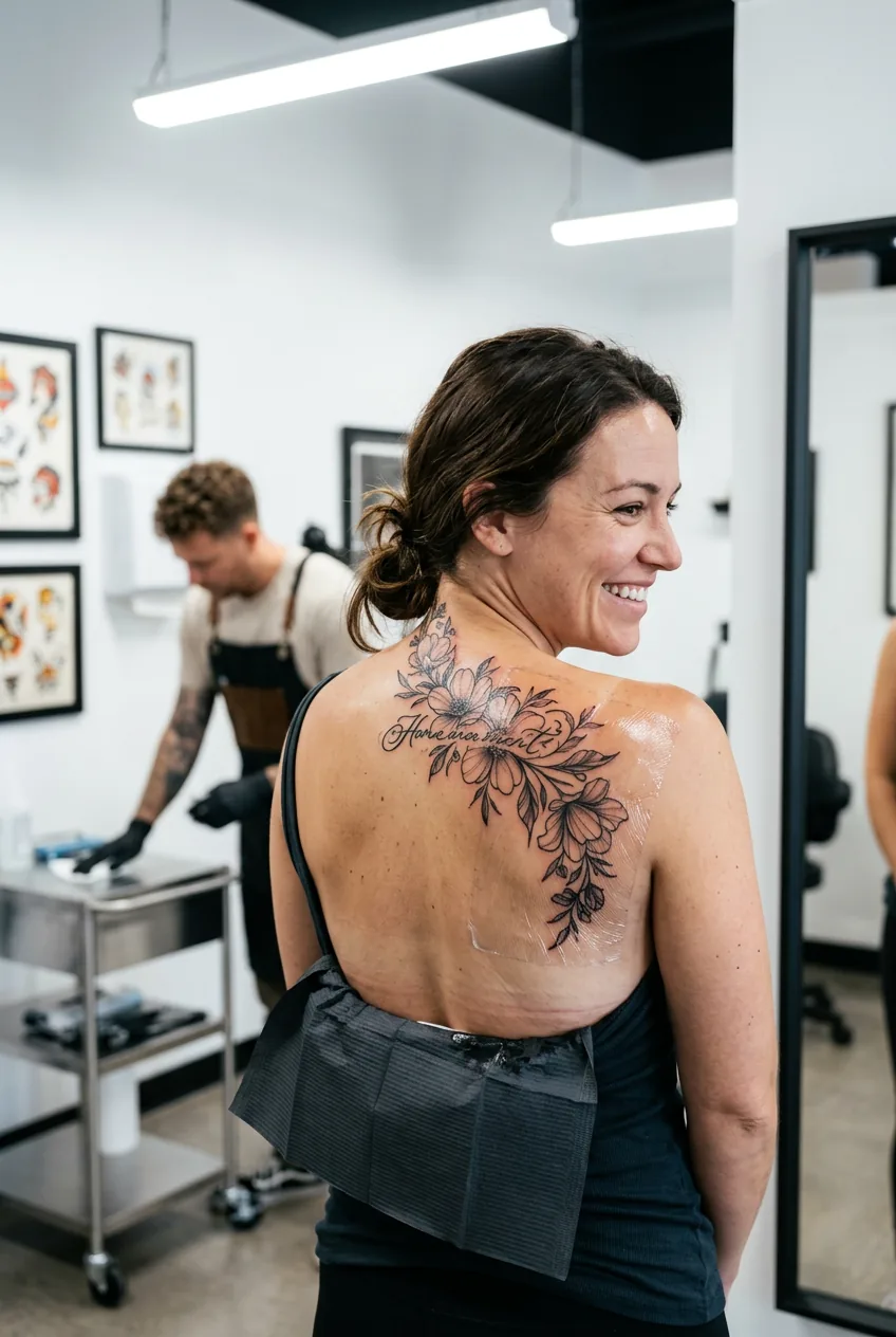 Woman admiring completed upper back tattoo in studio mirror with satisfied expression