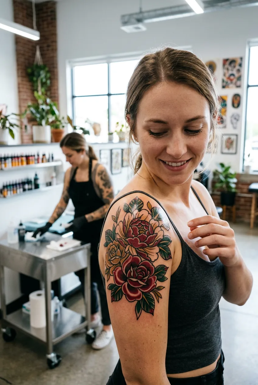 Woman admiring completed bold floral shoulder tattoo in mirror with satisfied expression
