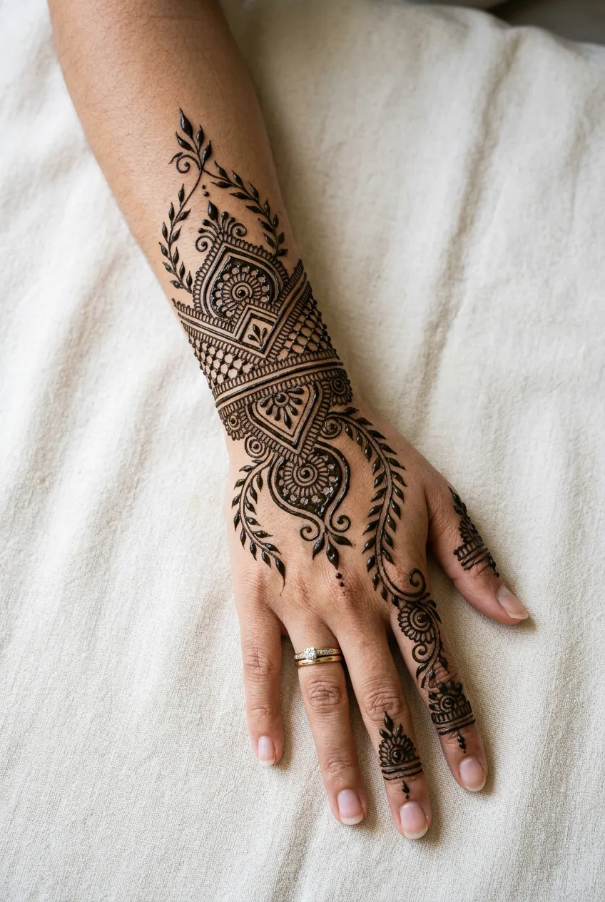 Overhead view of completed fresh henna design showing geometric and vine patterns on hand and forearm