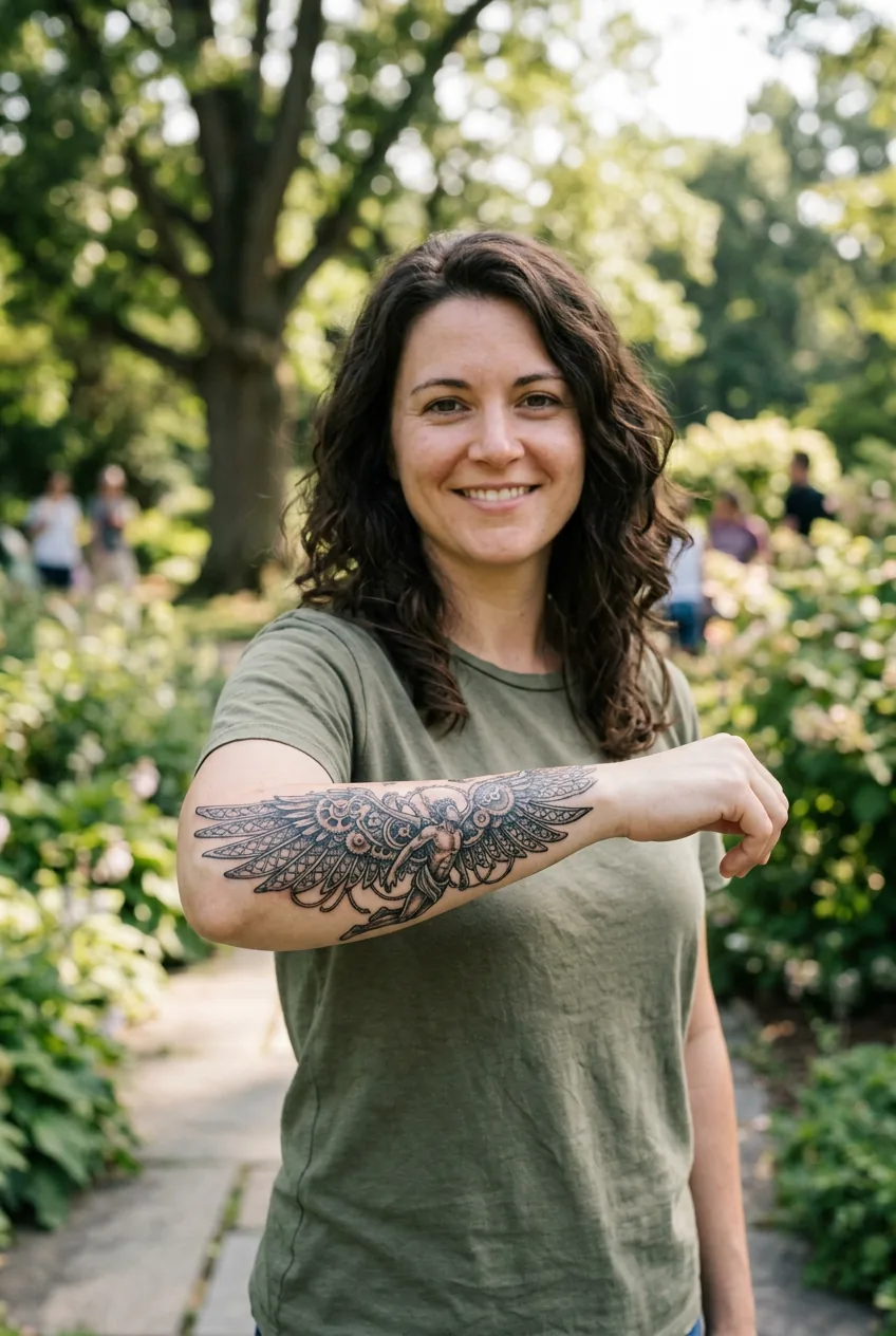 Woman displaying completed mechanical Icarus tattoo with intricate gear details on forearm