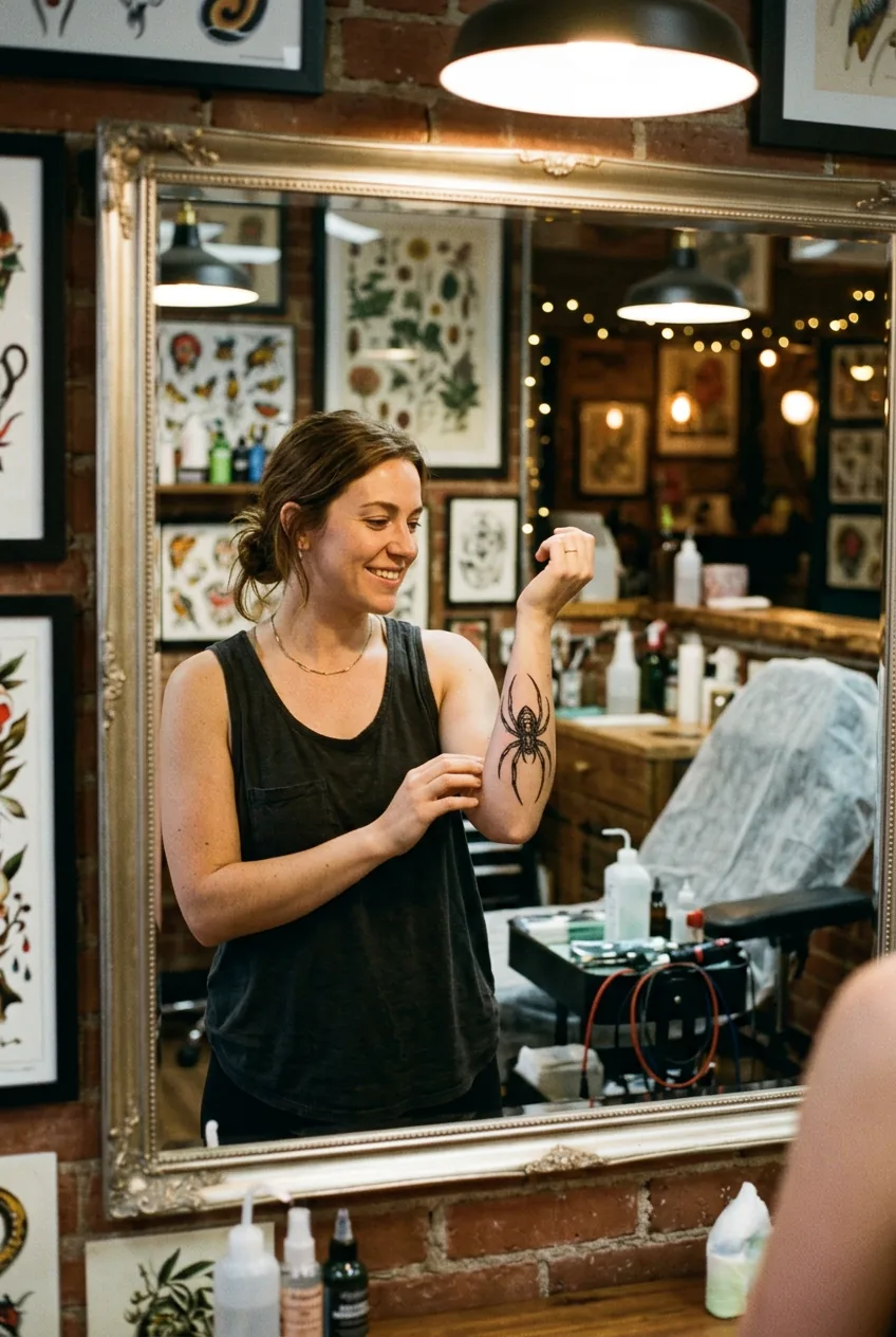 Woman admiring her completed spider tattoo while looking in studio mirror
