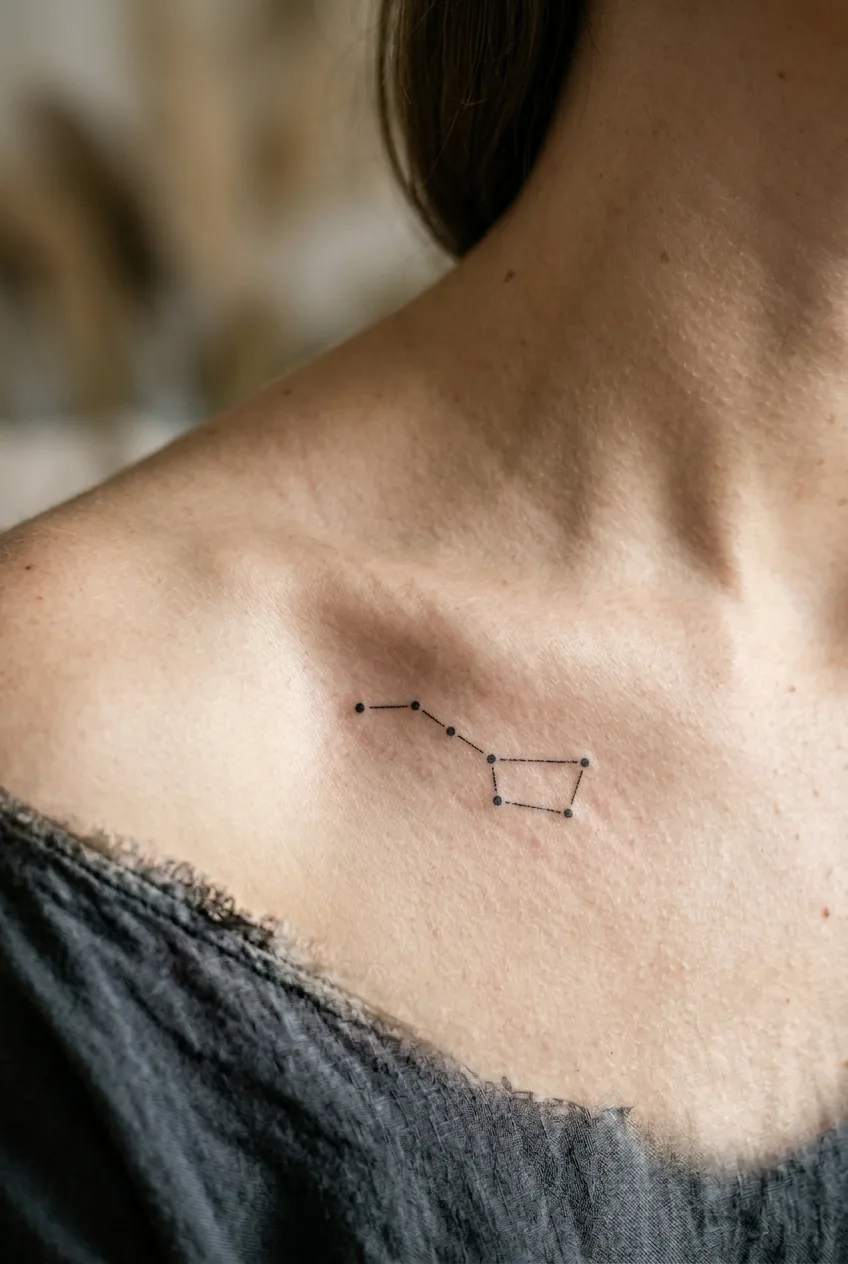 Woman's collarbone area featuring one small constellation tattoo with connected dots in minimalist style