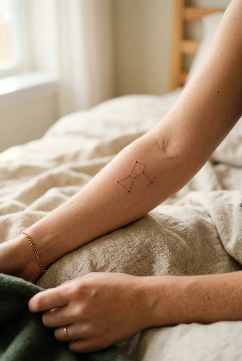 Woman's forearm showing small constellation tattoo with connected star points in natural lighting