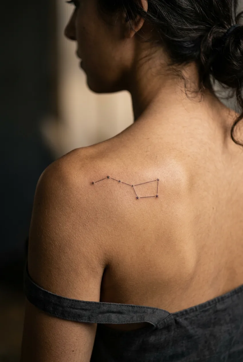 Constellation tattoo on woman's shoulder blade with connected stars forming geometric pattern in thin lines