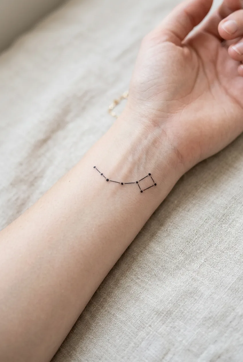 Woman's wrist displaying constellation tattoo with connected star pattern in black ink
