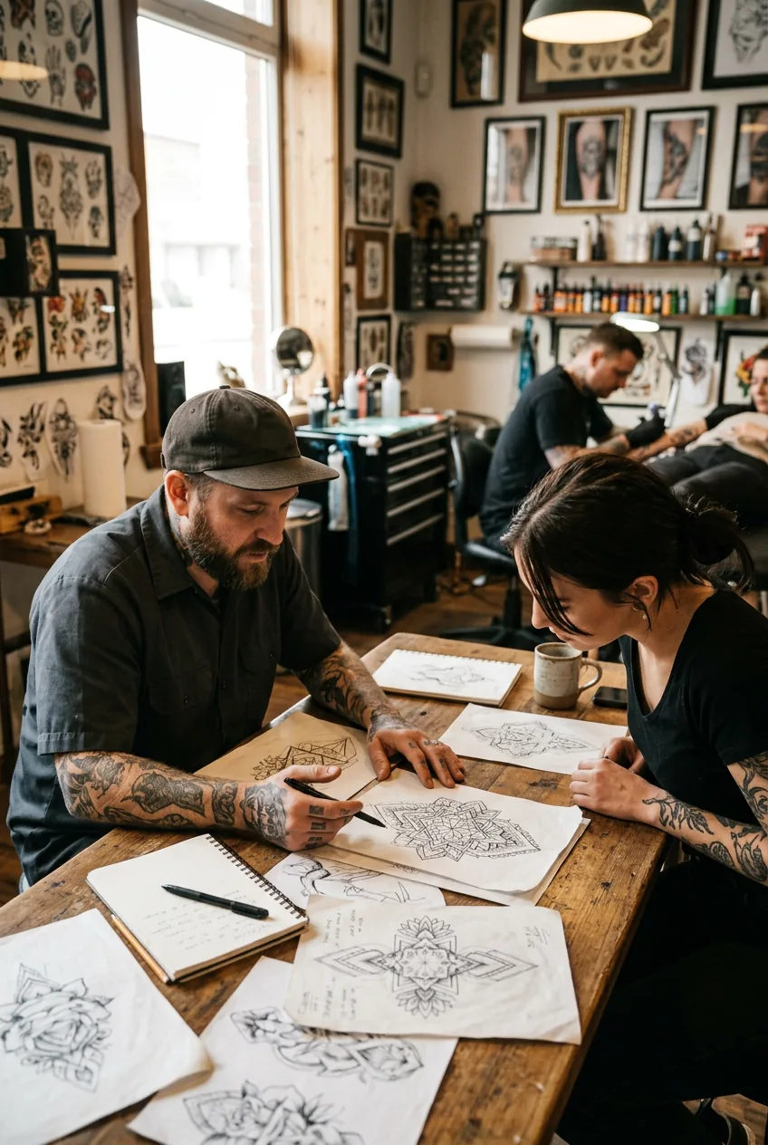 Consultation meeting with artist and client reviewing design sketches on studio table