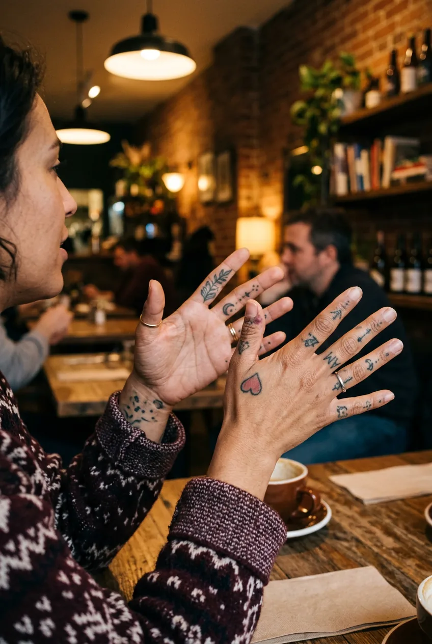 Mid-conversation hand gesture revealing multiple finger tattoos in various healing stages