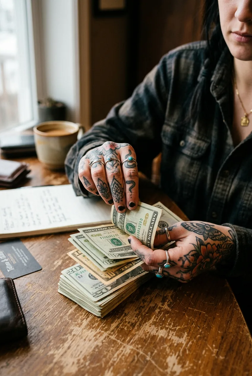 Close-up of hands counting cash bills showing tattooed fingers and financial planning aspect
