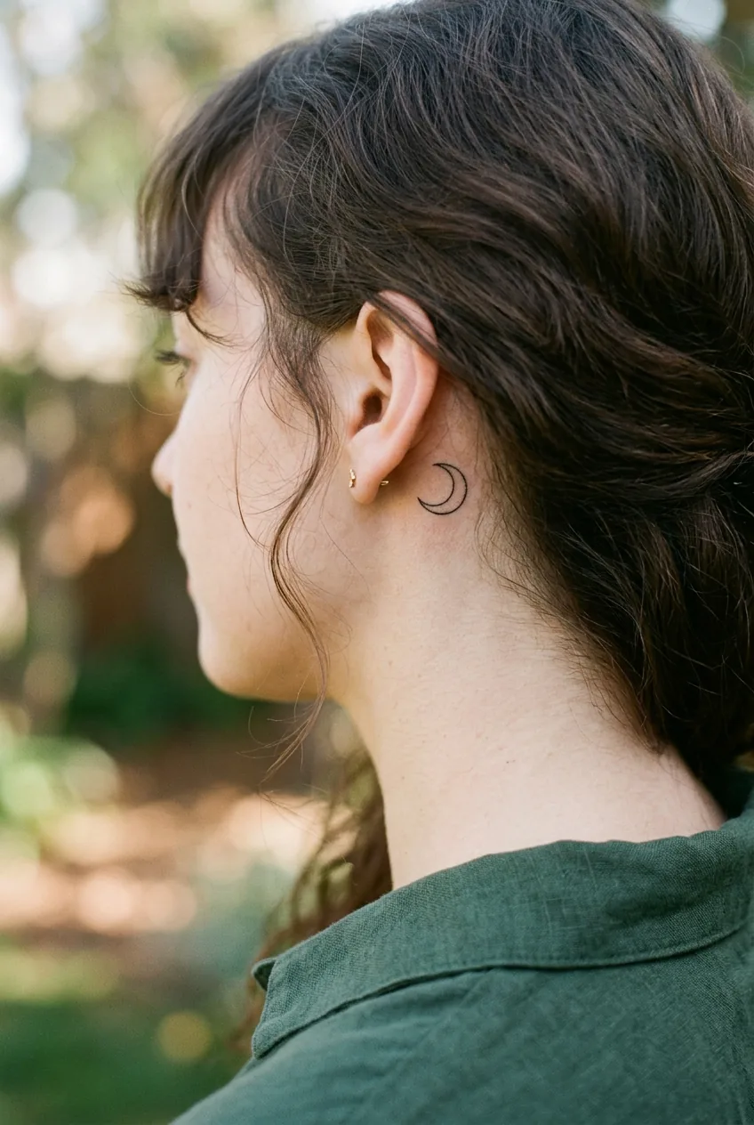 Small crescent moon tattoo behind woman's ear with hair swept aside showing delicate ink work