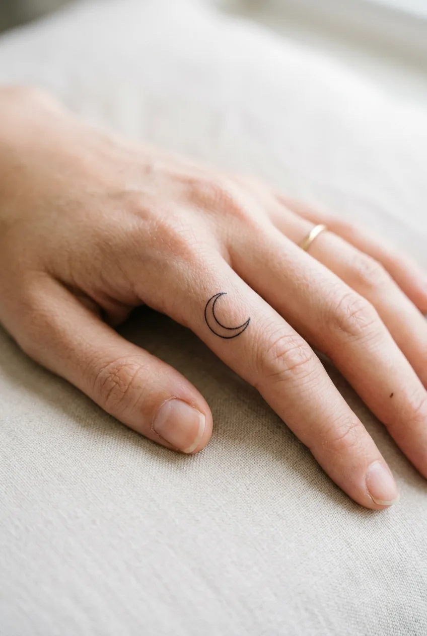 Delicate crescent moon tattoo on ring finger side showing crisp black minimalist design