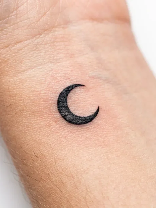 Tiny crescent moon tattoo on woman's inner wrist with clean black line work and precise details