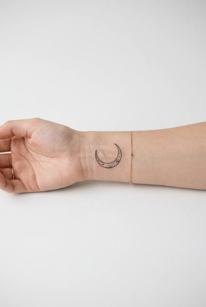 Woman with delicate crescent moon tattoo on inner wrist showing fine line details