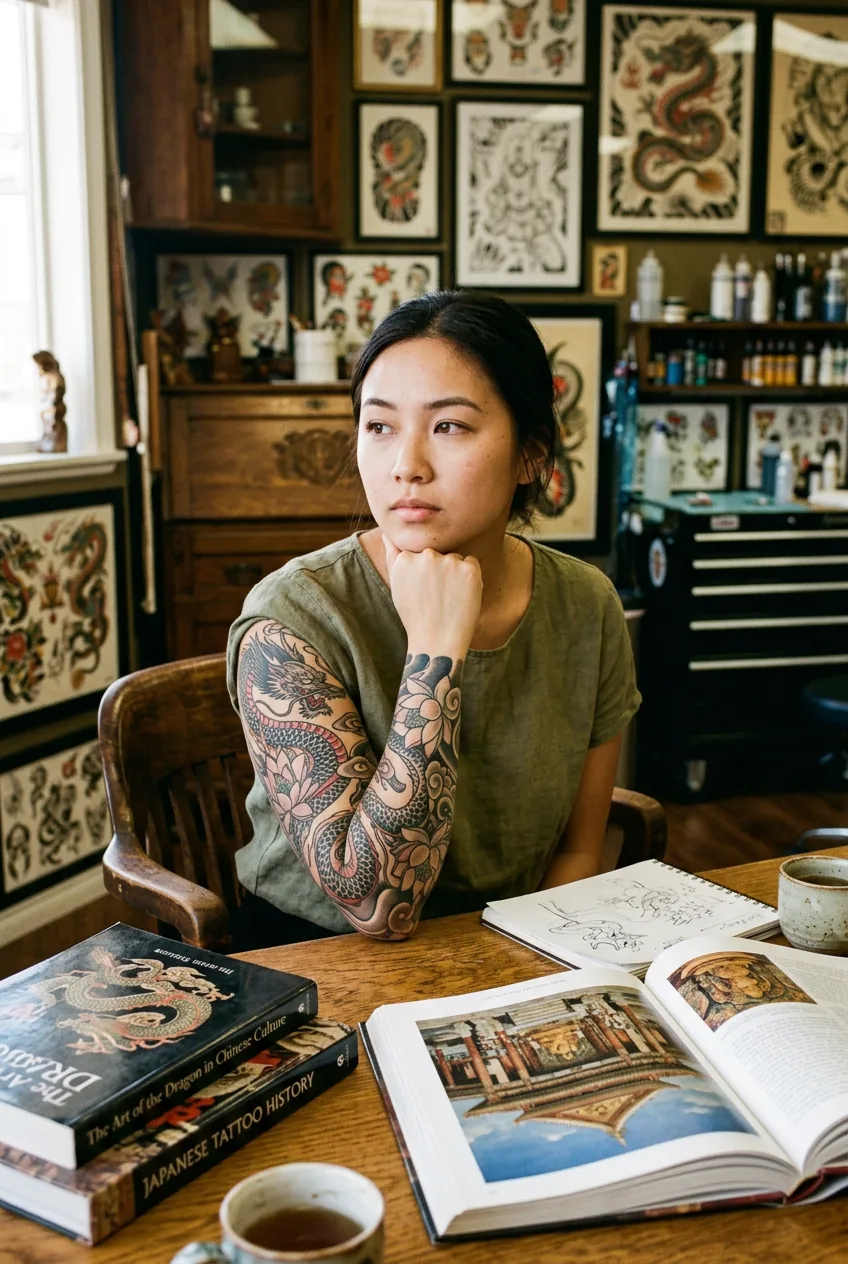 Contemplative tattooed woman with cultural dragon design surrounded by Asian art and mythology reference books
