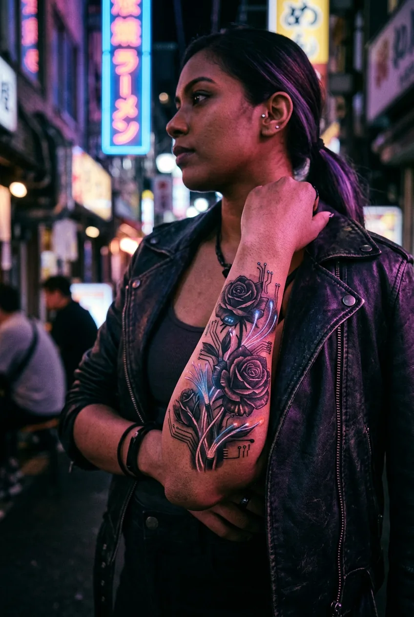Cyberpunk floral hybrid tattoo featuring roses with fiber optic stems and circuit board elements