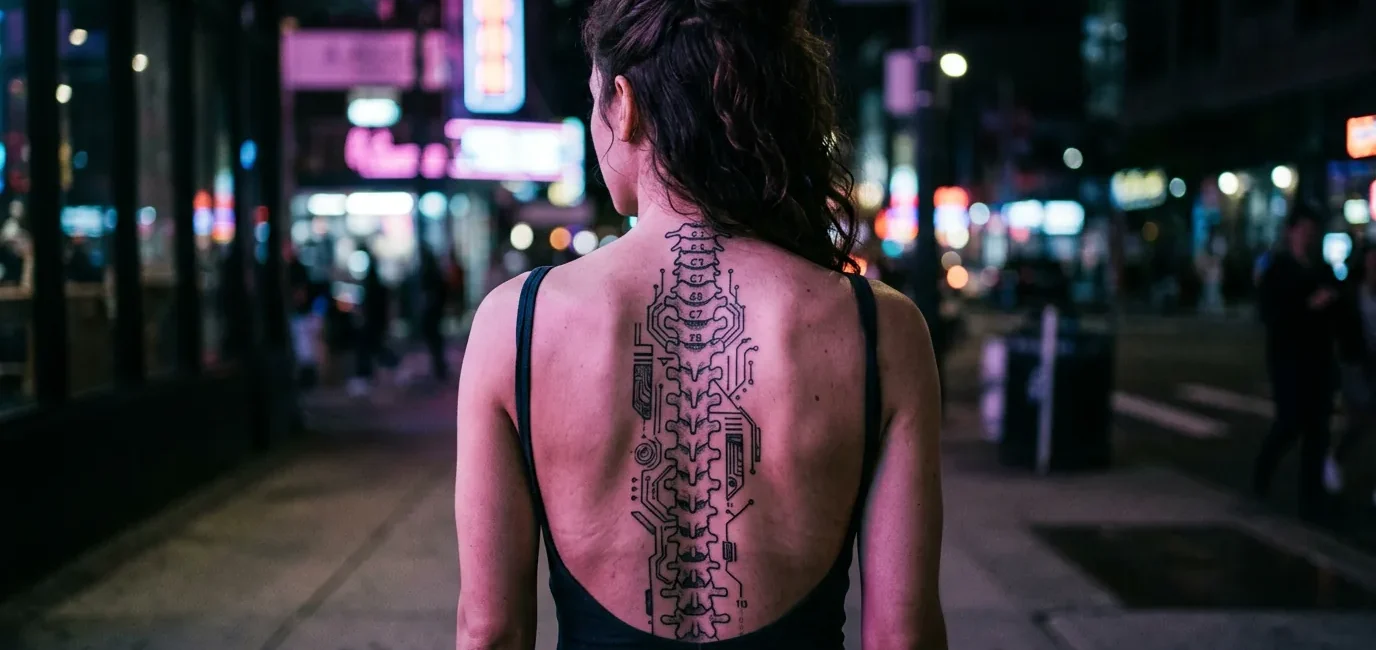 Woman's back showing intricate cybersigilism spine tattoo with circuit board patterns along vertebrae in neon lighting