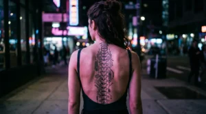Woman's back showing intricate cybersigilism spine tattoo with circuit board patterns along vertebrae in neon lighting