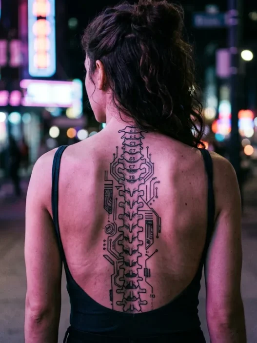 Woman's back showing intricate cybersigilism spine tattoo with circuit board patterns along vertebrae in neon lighting
