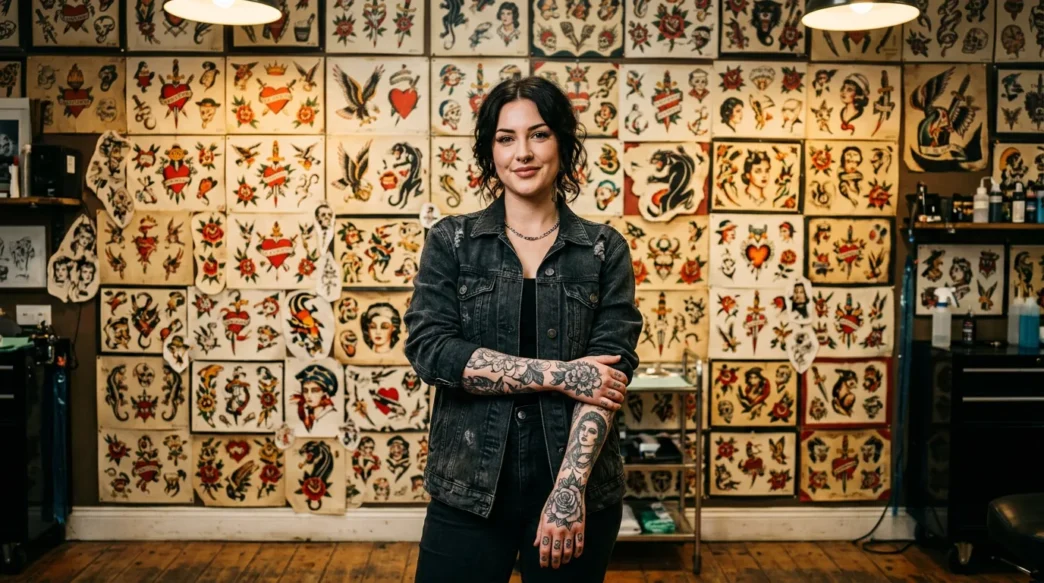 Tattooed woman standing in front of traditional flash art sheets in authentic tattoo studio