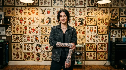 Tattooed woman standing in front of traditional flash art sheets in authentic tattoo studio