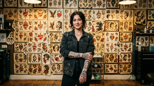 Tattooed woman standing in front of traditional flash art sheets in authentic tattoo studio