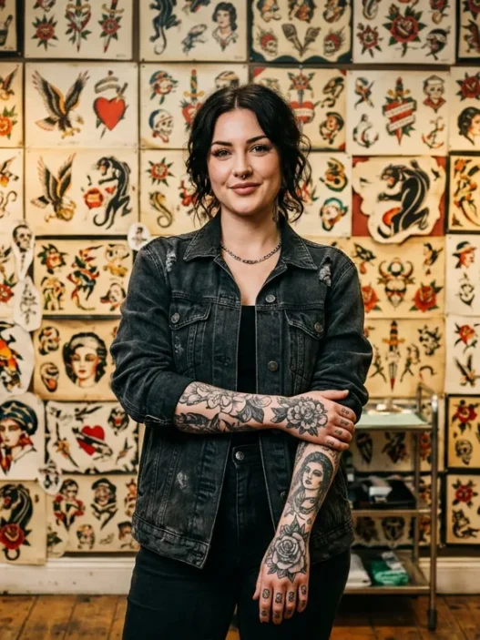 Tattooed woman standing in front of traditional flash art sheets in authentic tattoo studio