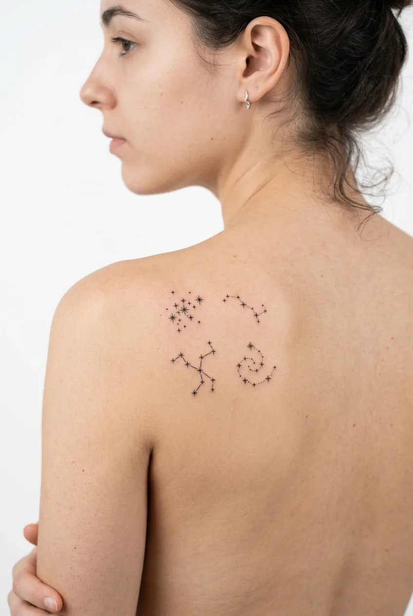 Four tiny stars clustered together as tattoo on woman's shoulder blade