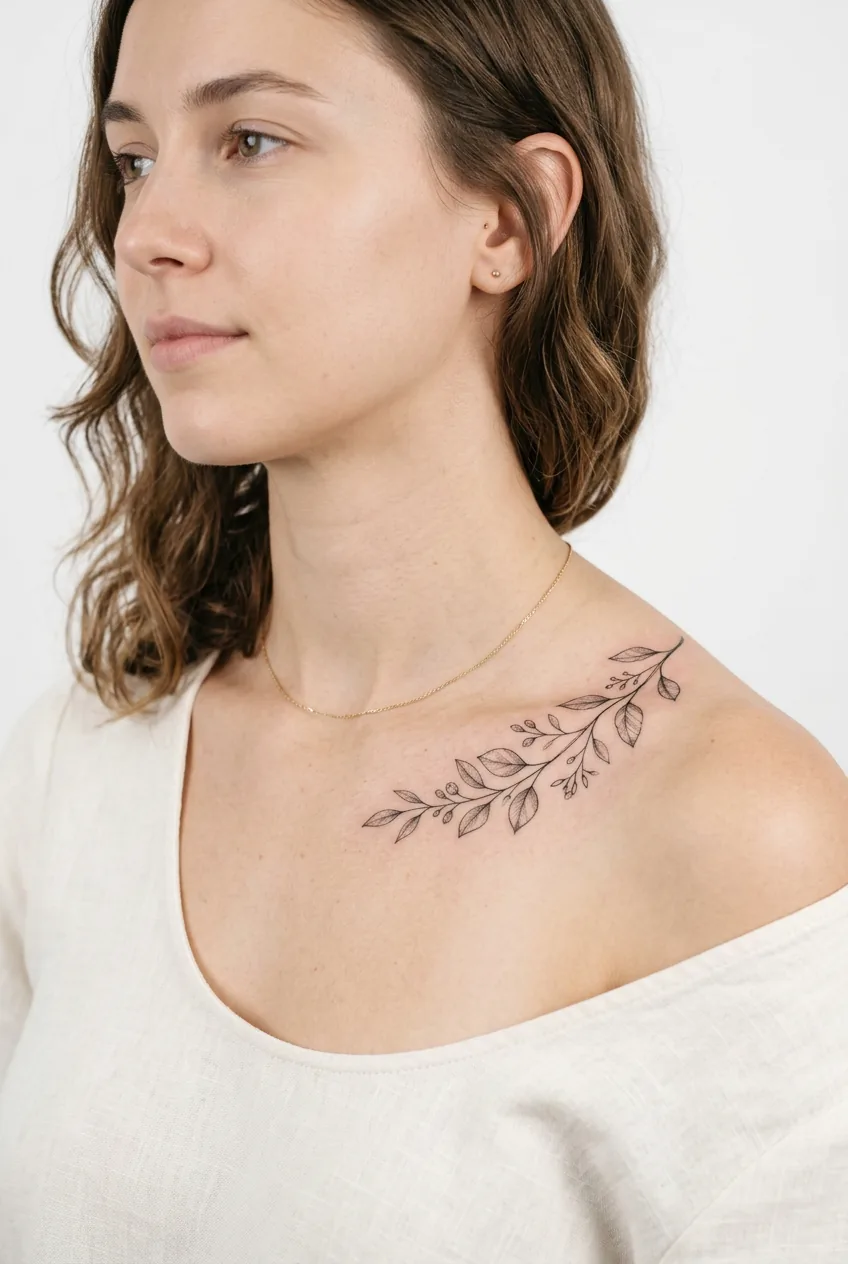 Delicate eucalyptus branch tattoo following the natural curve of woman's collarbone