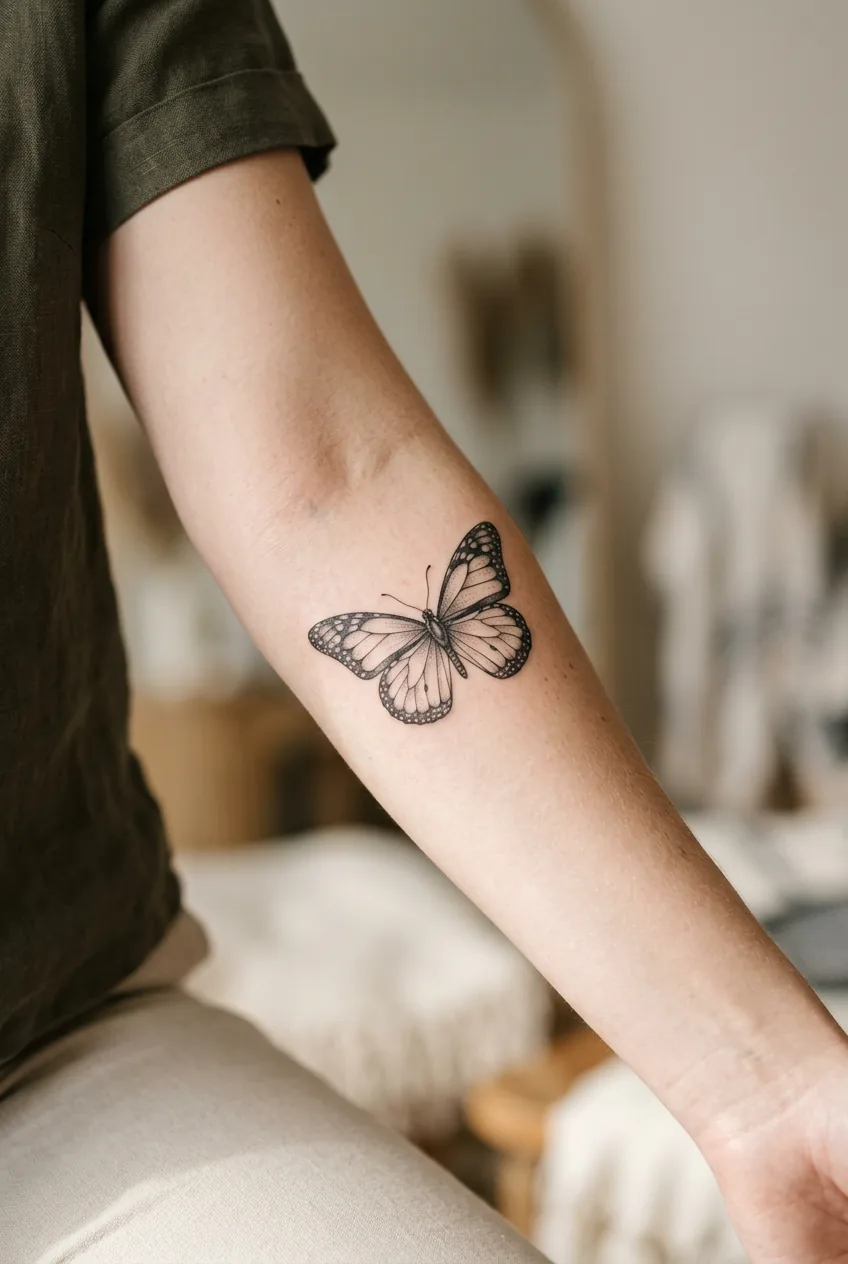 Delicate fine line butterfly tattoo on woman's forearm showing botanical precision and detail